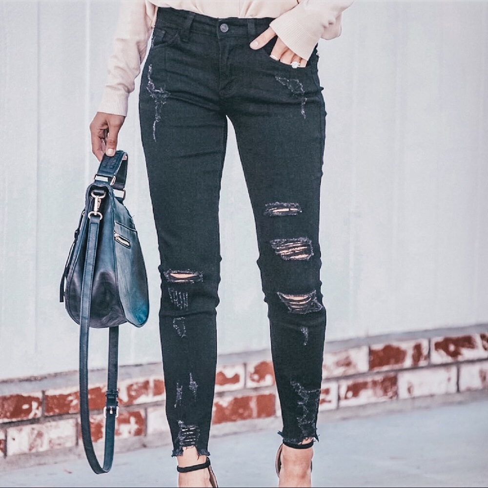 NEW Distressed Denim Ankle Fray Black Skinny Jeans - Picture 1 of 9